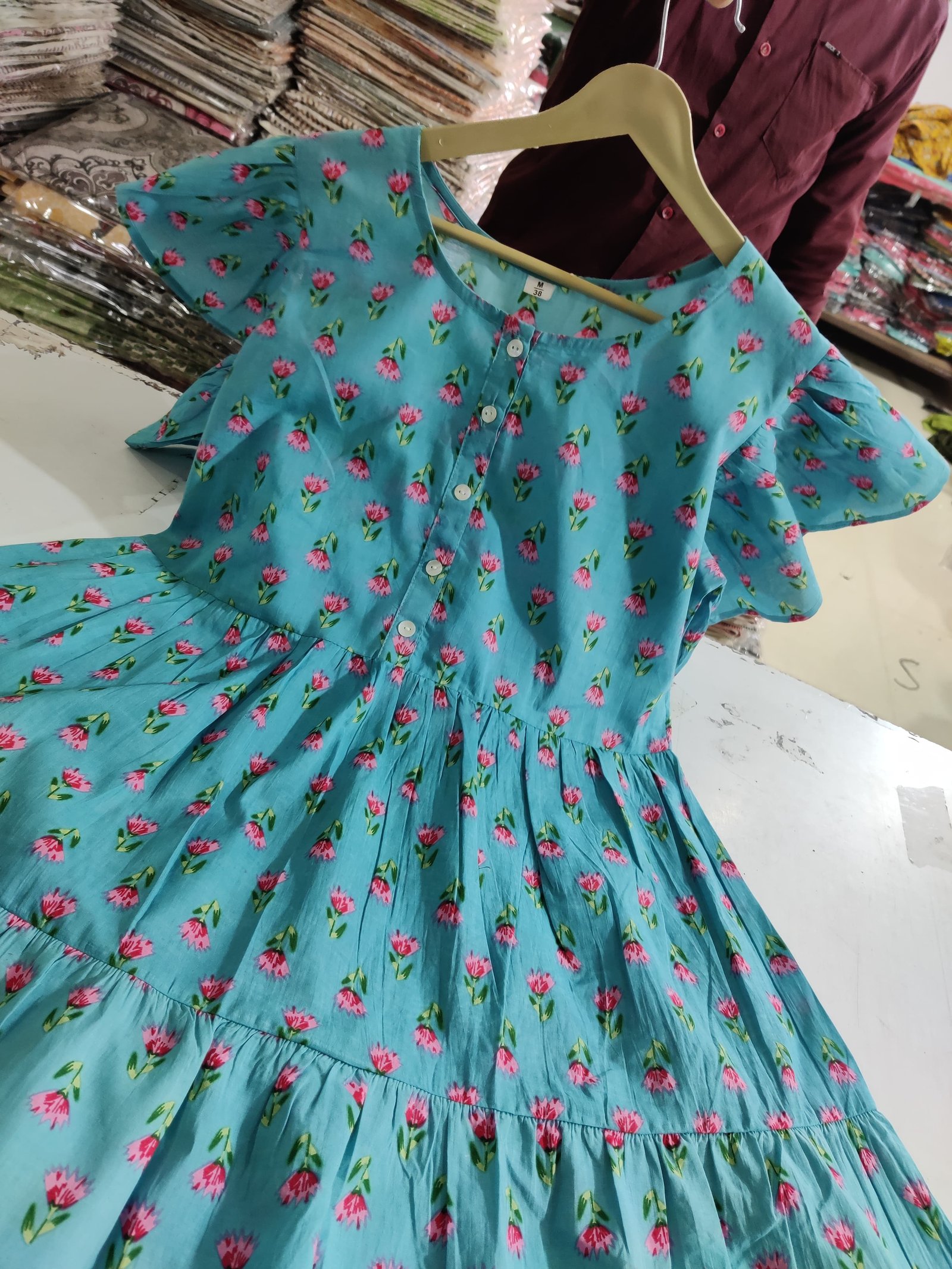 Green Printed Cotton Midi Gown Dress